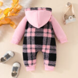 Autumn and winter baby and toddler comfortable fleece plaid pattern stitching long sleeve trousers warm home jumpsuit. - Image 2