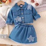 Spring and autumn children's set lapel star patch long sleeve denim jacket short skirt set