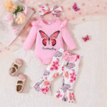 Fall Comfortable Newborn Baby Butterfly Print Long Sleeve One-piece Jacket Flared Pants Headband 3-Piece Set