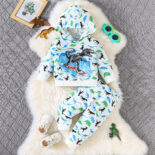 New fall two-piece baby boy athleisure dinosaur print pattern hooded long-sleeved top and trouser set