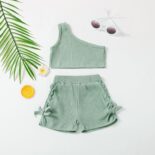 Summer children's vest with a straight shoulder 2-piece set children's clothing solid color slanted shoulder camisole, shorts and girls set - Image 3