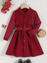 Autumn and winter girls' dress new style lapel long sleeved waist slimming belt plaid dress