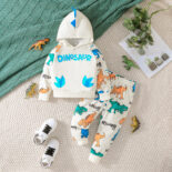 Children's clothing autumn and winter new cartoon letter dinosaur print long-sleeved hooded sweatshirt trousers two-piece set - Image 5