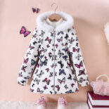 Children's Clothing Medium and Big Children's New Girls Autumn and Winter Butterfly Print Fleece Thickened Jacket