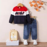 Children's spring and autumn color-block tops, letter prints, denim, casual baby boy suits