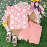 Children's clothing new round neck pit stripe flower print top with solid color fungus shorts two-piece set