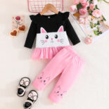 Baby girl cartoon emoji print flying sleeve long sleeve stitched top + cat print trouser set