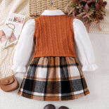 Spring and autumn girls' suit, college style long-sleeved shirt + plaid skirt + sweater vest three-piece set - Image 2