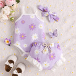 Summer New Baby Clothes Baby Girl Small Fresh Print Suspender Shirt Shorts + Headband 3-Piece Set - Image 4