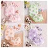 Summer New Baby Clothes Baby Girl Small Fresh Print Suspender Shirt Shorts + Headband 3-Piece Set