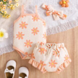 Summer New Baby Clothes Baby Girl Small Fresh Print Suspender Shirt Shorts + Headband 3-Piece Set - Image 5