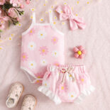 Summer New Baby Clothes Baby Girl Small Fresh Print Suspender Shirt Shorts + Headband 3-Piece Set - Image 3