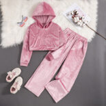 Children's Wear Fall/Winter New Velvet Embroidery Hooded Sweatshirt Casual Wide-leg Pants Girls Set