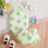 Summer New Baby Clothes Baby Girl Small Fresh Print Suspender Shirt Shorts + Headband 3-Piece Set - Image 2