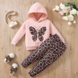 Girls' autumn and winter hooded suits, plaid padded butterfly embroidered tops, leopard print leggings, and two casual suits