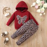 Girls' autumn and winter hooded suits, plaid padded butterfly embroidered tops, leopard print leggings, and two casual suits - Image 4